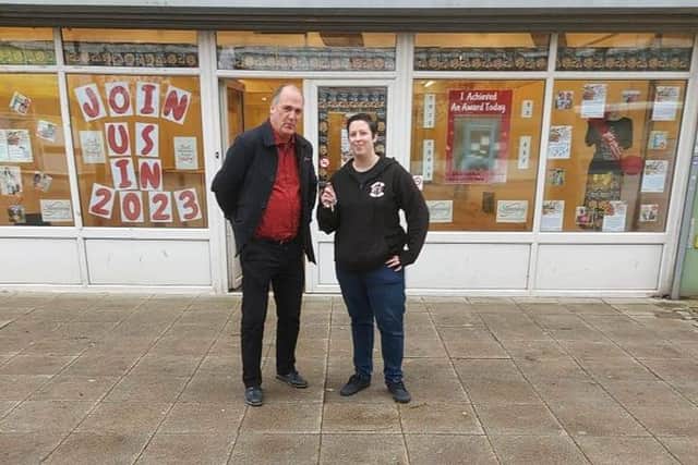 Mark Smith, from Kingfisher Estate Agents, and Danielle Hardman outside the new site of Portsmouth Tarantulas.