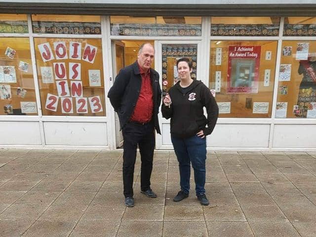 Mark Smith, from Kingfisher Estate Agents, and Danielle Hardman outside the new site of Portsmouth Tarantulas.