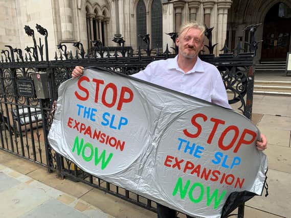 Environmental protester Scott Breen, 48, outside the Royal Courts of Justice in London. He was jailed today for breaching a High Court injunction aimed at preventing disruption to work on the Southampton to London pipeline project. Picture: PA.