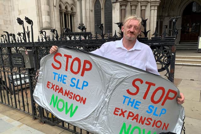 Environmental protester Scott Breen, 48, outside the Royal Courts of Justice in London. He was jailed today for breaching a High Court injunction aimed at preventing disruption to work on the Southampton to London pipeline project. Picture: PA.