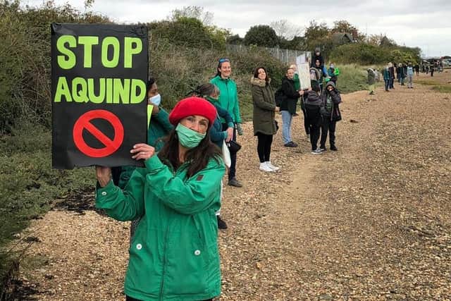 Protesters make their voices heard over the plans for Aquind to run interconnector cables through Portsmouth, including Eastney resident Lynne Harvey, on October 10 in 2020. Picture: Richard Lemmer