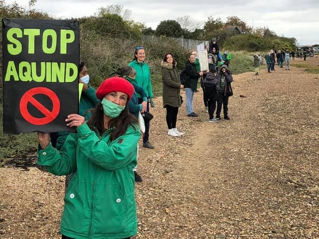 Protesters make their voices heard over the plans for Aquind to run interconnector cables through Portsmouth, including Eastney resident Lynne Harvey, on October 10 in 2020. Picture: Richard Lemmer