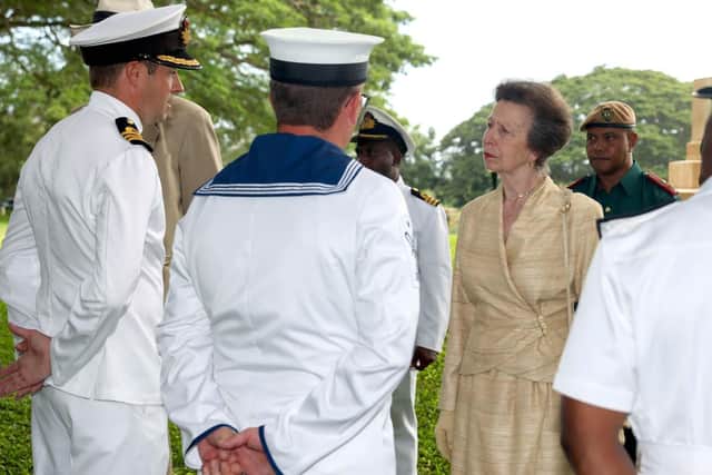 Pictured: HRH The Princess Royal meet Commanding Officer of HMS Spey Commander Proudman and Leading Hand Mills at the Commonwealth (Bomana) War Cemetery.