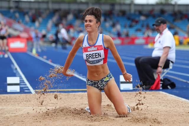 City of Portsmouth AC member Olivia Breen competes during the Women's Long Jump final at last weekend's British Athletics Championships in Manchester. The shorts she is wearing were deemed 'too revealing' by an official. Photo by Ashley Allen/Getty Images.