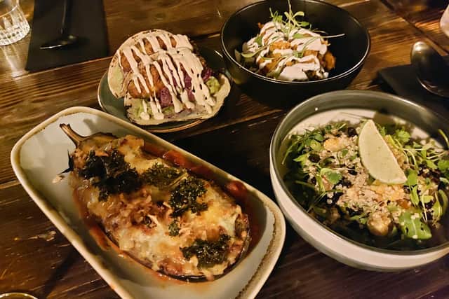The aubergine tacos, mash and salad from Maya.