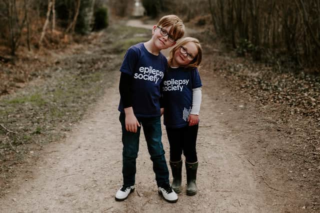 Eight-year-old Jimmy Legg walked 100 miles to raise money for Epilepsy Society as he has hemiplegic cerebral palsy and epilepsy himself. Pictured: Jimmy and sister Alyce, 4, by Nikki Legg Photography