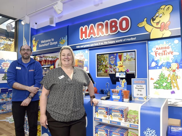 Haribo in Gunwharf Quays is set to open on Tuesday, November 7.Pictured is: Assistant manager Kieran Griffiths and store manager Sarah Tweedale.Picture: Sarah Standing (061123-722) 