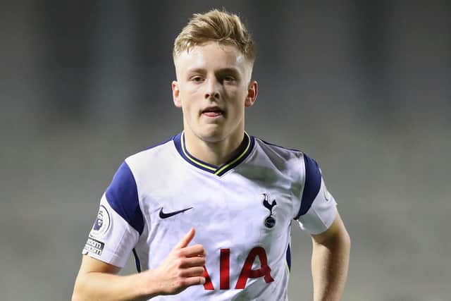 LEIGH, ENGLAND - NOVEMBER 22: Harvey White of Tottenham Hotspur during the Premier League 2 match between Manchester United and Tottenham Hotspur at Leigh Sports Village on November 22, 2020 in Leigh, England. (Photo by Alex Livesey/Getty Images )