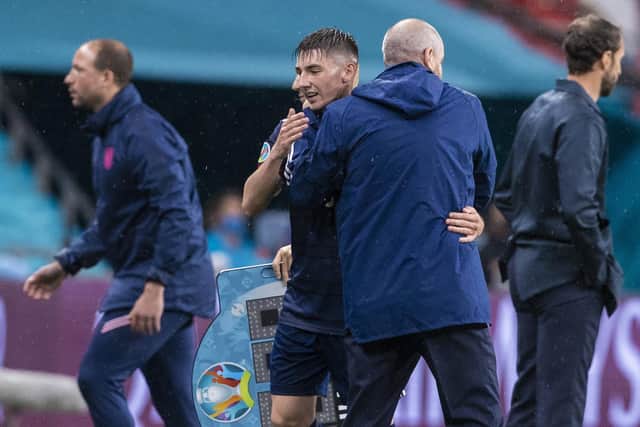 Scotland's Billy Gilmour and head coach Steve Clarke embrace following the goalless draw with England. Picture: Alan Harvey/SNS Group