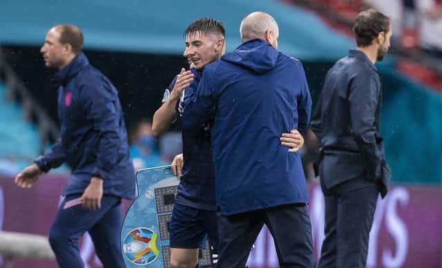 Scotland's Billy Gilmour and head coach Steve Clarke embrace following the goalless draw with England. Picture: Alan Harvey/SNS Group