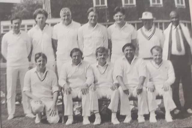 Harvest Home, defending  Solent League champions. Back (from left): A Rowe, A Marchant, B Breadner, R Aston, K Olby, S Clifford, S Wedderburn (umpire). Front: I Craig, K Briant, D Carter, L Fitzjohn, G Clements.