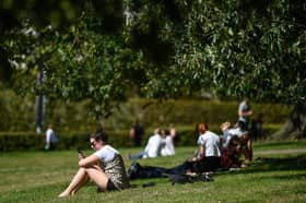 People enjoying a park on a warm day.
