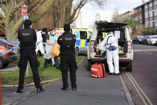 Police in Buckland near Pickwick House in Portsmouth on January 11, 2021. Picture: Habibur Rahman