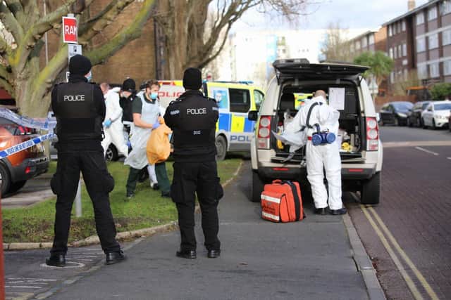 Police in Buckland near Pickwick House in Portsmouth on January 11, 2021. Picture: Habibur Rahman
