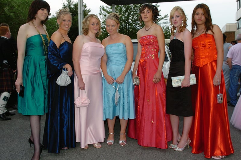 Siobhan Swords (16), Natalie Lowe (16), Hannah Blacklock, Faye Graeney (15), Sophie Isaacs (15), Florence Mason-Callaway (16), and Charissabell Fortaleza (16) at The Marriott Hotel for St Edmund's Catholic School in July 2006. Picture: (062937-107)