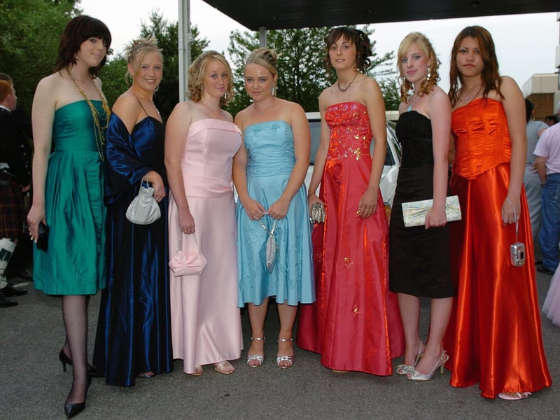 Siobhan Swords (16), Natalie Lowe (16), Hannah Blacklock, Faye Graeney (15), Sophie Isaacs (15), Florence Mason-Callaway (16), and Charissabell Fortaleza (16) at The Marriott Hotel for St Edmund's Catholic School in July 2006. Picture: (062937-107)