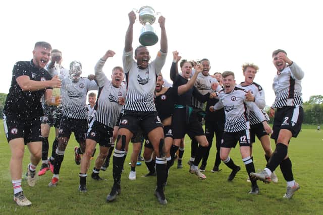 Whiteley have lost title-winning skipper Nathan Primus (holding trophy) to Wessex Leaguers Andover Town. Pic: Nathaniel Holland.