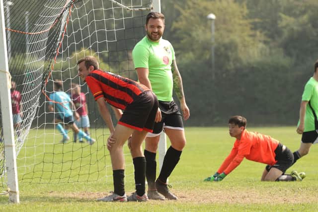 Shepherds Crook (red/black) score again v Fratton Trades Reserves. Picture by Kevin Shipp