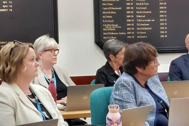 Fareham Borough Council full council meeting L To R, Cllr L Birkett, Cllr A West, Cllr C Bainbridge, Cllr K Mandry June 12 Ldrs