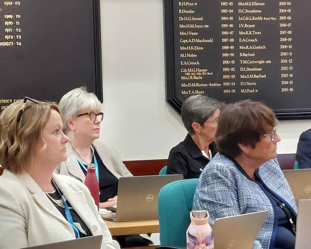 Fareham Borough Council full council meeting L To R, Cllr L Birkett, Cllr A West, Cllr C Bainbridge, Cllr K Mandry June 12 Ldrs