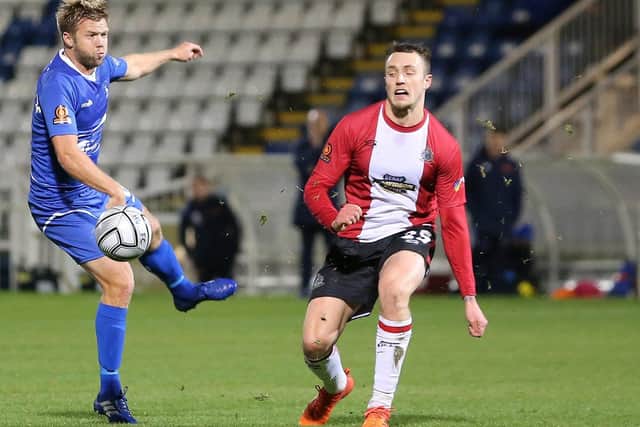Altrincham's Toby Mullarkey (right) in action against Hartlepool in October 2020. Picture: Mark Fletcher | MI News