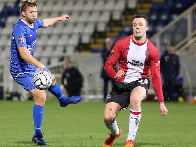 Altrincham's Toby Mullarkey (right) in action against Hartlepool in October 2020. Picture: Mark Fletcher | MI News