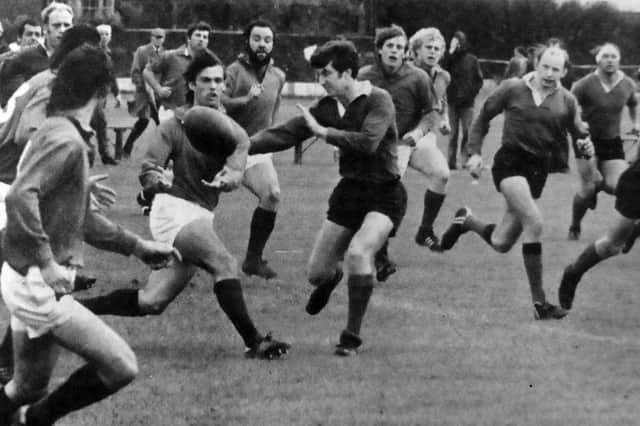 Jeff Blackett (centre right) in action for United Services Portsmouth against Plymouth Albion at Burnaby Road. Date unknown.