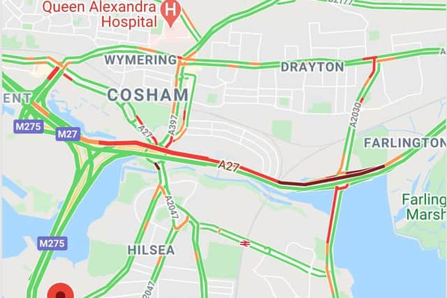 The reported delays building on the A27 following the crash near Farlington this morning. Image: AA Traffic