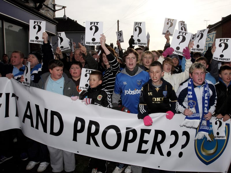 Pompey fans protest outside Fratton Park before an FA Cup tie against Sunderland in January 2010. Photo by Ian Walton/Getty Images
