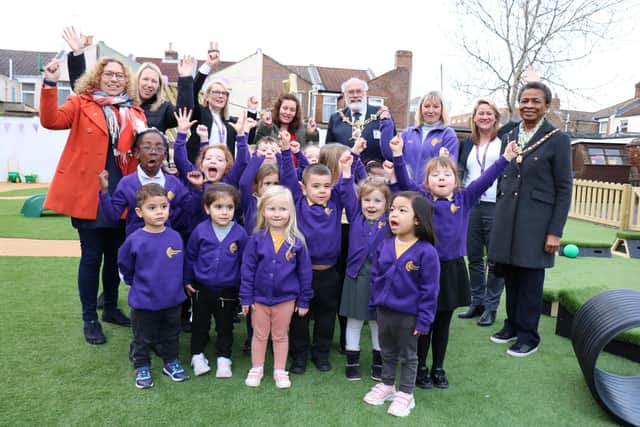 Cheers all round for everyone at Penbridge Infant School as it opens its new playground. Picture by Samuel Poole