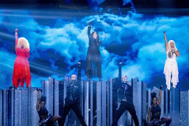 From Remarkable TV. Starstruck: SR2: Ep2 on ITV1 and ITVX. Pictured: Beth Jobber performing alongside, Megan and Michelle as Christina Aguilera. Picture: Guy Levy/ITV Picture Desk.