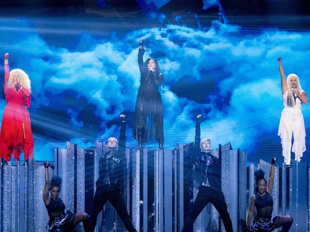 From Remarkable TV. Starstruck: SR2: Ep2 on ITV1 and ITVX. Pictured: Beth Jobber performing alongside, Megan and Michelle as Christina Aguilera. Picture: Guy Levy/ITV Picture Desk.