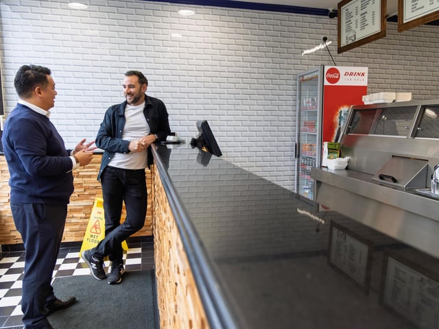 Alan Mak MP with owner Greg Leighton at 1st Quay Fish & Chips in Widley