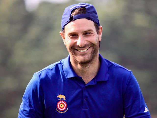 Hayling’s Toby Burden is all smiles after securing the point that gave Hampshire a draw in their South East League match to secure the South Division title against Surrey, at Hindhead. Picture: Andrew Griffin