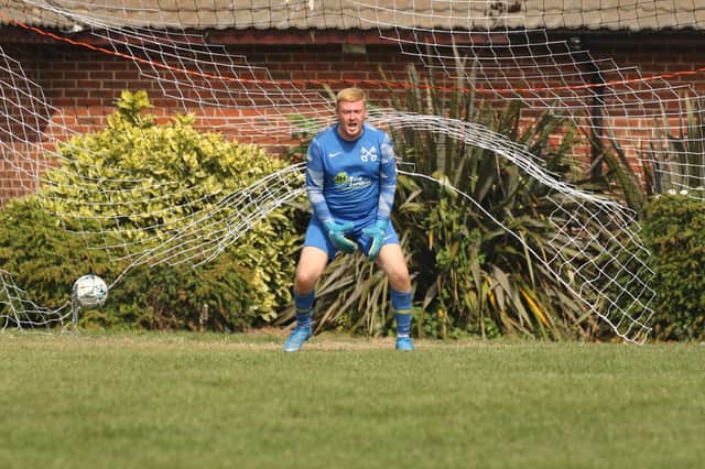 The Cross Keys keeper reacts after Joe Jackson had netted one of his hat-trick goals for Warren Wanderers. Picture: Kevin Shipp