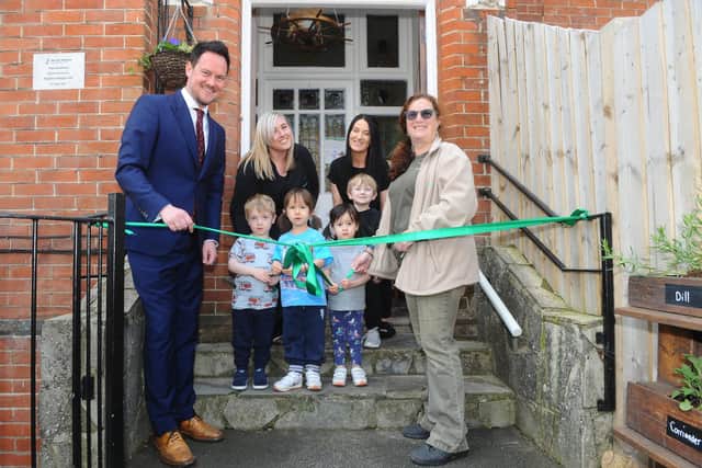 From left: Stephen Morgan MP, Claire McQuilken, maternity cover manager, Emily Callen, deputy manager and Cheryl Hadland, founder and managing director of Tops Day Nurseries with children (l-r) William Taylor (3), Jasmai Hodnett (3), Marlie Hodnett (2) and Carson France (3). Picture: Sarah Standing (220422-2126)