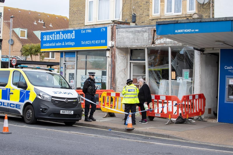 A police car crashed into the front of a shop on Albert Road.Pictured - The resulting damage and police on scenePhotos by Alex Shute