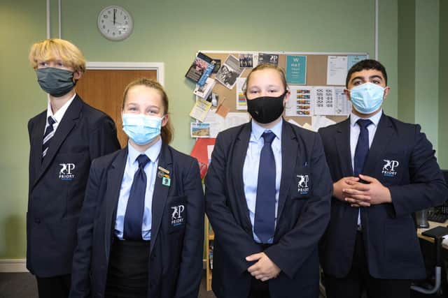 Priory School pupils wearing their face masks. From left, Creedence Preston-Diggles, Samm Hart, Emma Dillon, and Rojgar Ahmed, all 15.
Picture: Chris Moorhouse
