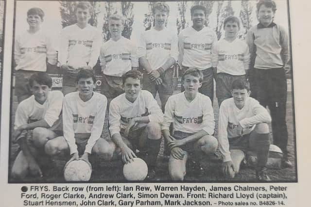 Frys (age group unknown),1988. Back (from left): Ian Rew, Warren Hayden, James Chalmers, Peter Ford, Roger Clarke, Andrew Clark, Simon Dewan. Front: Richard Lloyd, Stuart Hensmen, John Clark, Gary Parham, Mark Jackson.