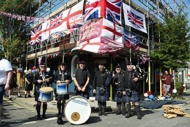 Hampshire Caledonian Pipe Band performed at the VE Day street party outside the Druids Arms on Binsteed Road on Saturday May 3, 2025