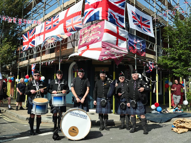 Hampshire Caledonian Pipe Band performed at the VE Day street party outside the Druids Arms on Binsteed Road on Saturday May 3, 2025
