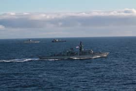 HMS Portland (foreground) tracks Admiral Gorshkov and tanker in the background, January 2023. Picture: Royal Navy