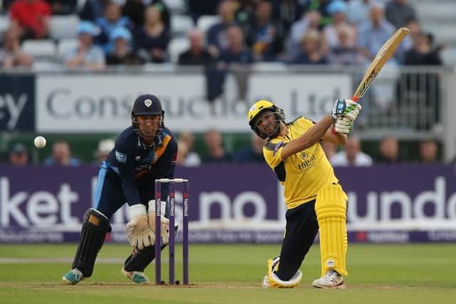 Shahid Afridi on his way to a century at Derbyshire in 2017. Photo by Nigel Roddis/Getty Images.