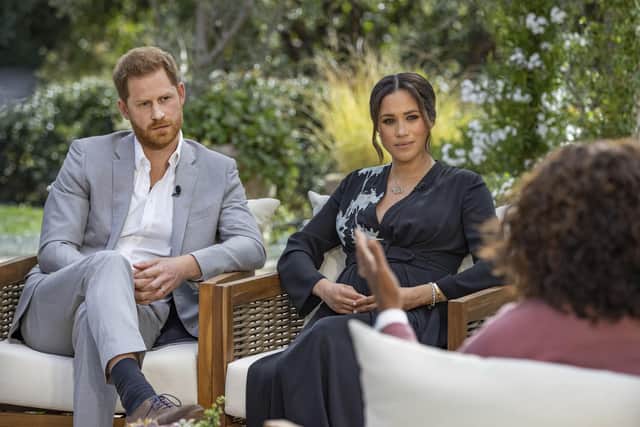 Harry and Meghan during their interview with Oprah Winfrey. Joe Pugliese/Harpo Productions/PA Wire
