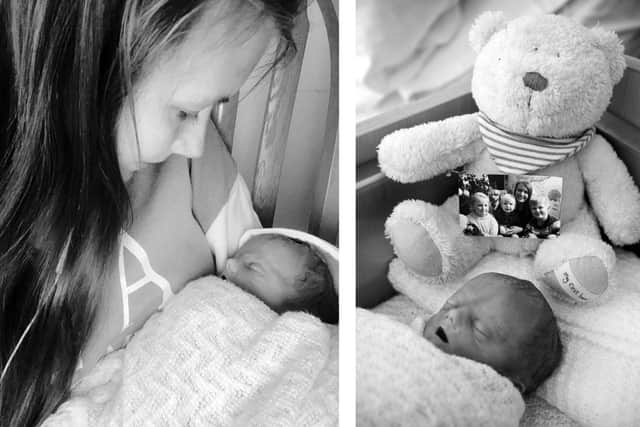 Ashleigh Beeney, 28 from Gosport, has raised funds for a cold cot for Queen Alexandra Hospital in memory of her stillborn son Arlo-Blue. Pictured together, and Arlo with a photo of his mum and three siblings