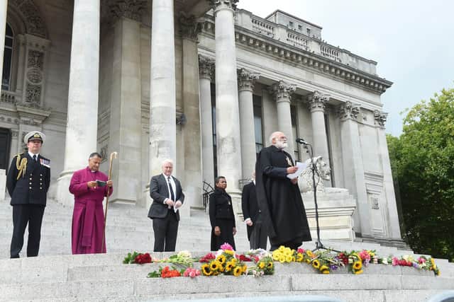 The Lord Mayor of Portsmouth, Cllr Hugh Mason, leads a vigil in Guildhall Square on Friday, September 9.
Picture: Sarah Standing (090922-2680)