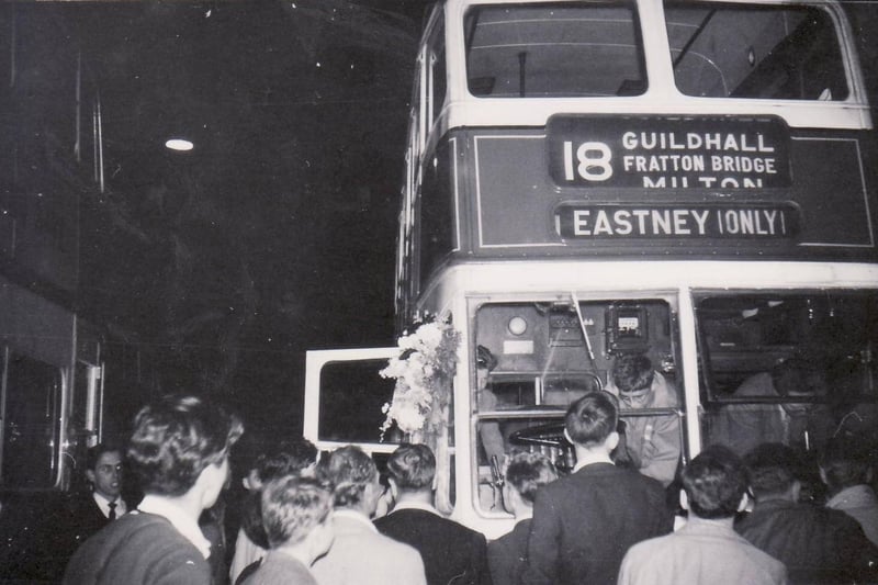The final curtain, trolley no 313 on the 18 route arrives at the Eastney depot for the last time on July 27, 1963 with a wreath tied to the cab.