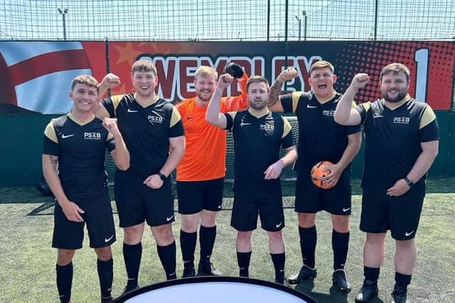 The PS&B team that have reached the finals of the Business Fives Charity Football tournament