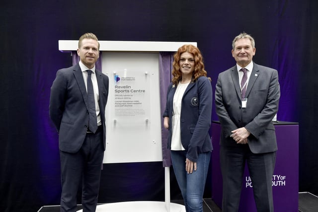 From left is Paul Tilley, head of sport and recreation at the University of Portsmouth. Lauren Steadman MBE, Vice-chancellor Graham Galbraith of the University of Portsmouth.