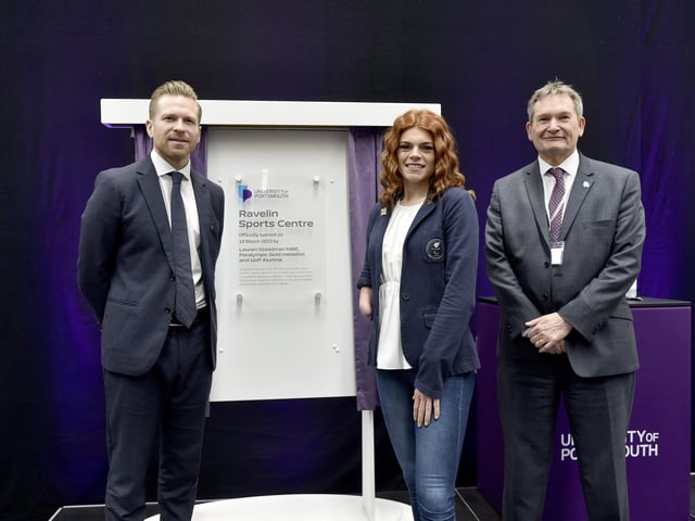 From left is Paul Tilley, head of sport and recreation at the University of Portsmouth. Lauren Steadman MBE, Vice-chancellor Graham Galbraith of the University of Portsmouth.